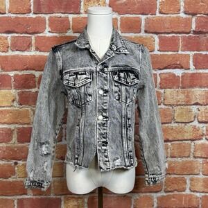 Vervet Crop Fit Denim Jacket Women's Size Small Distressed Black Acid Wash